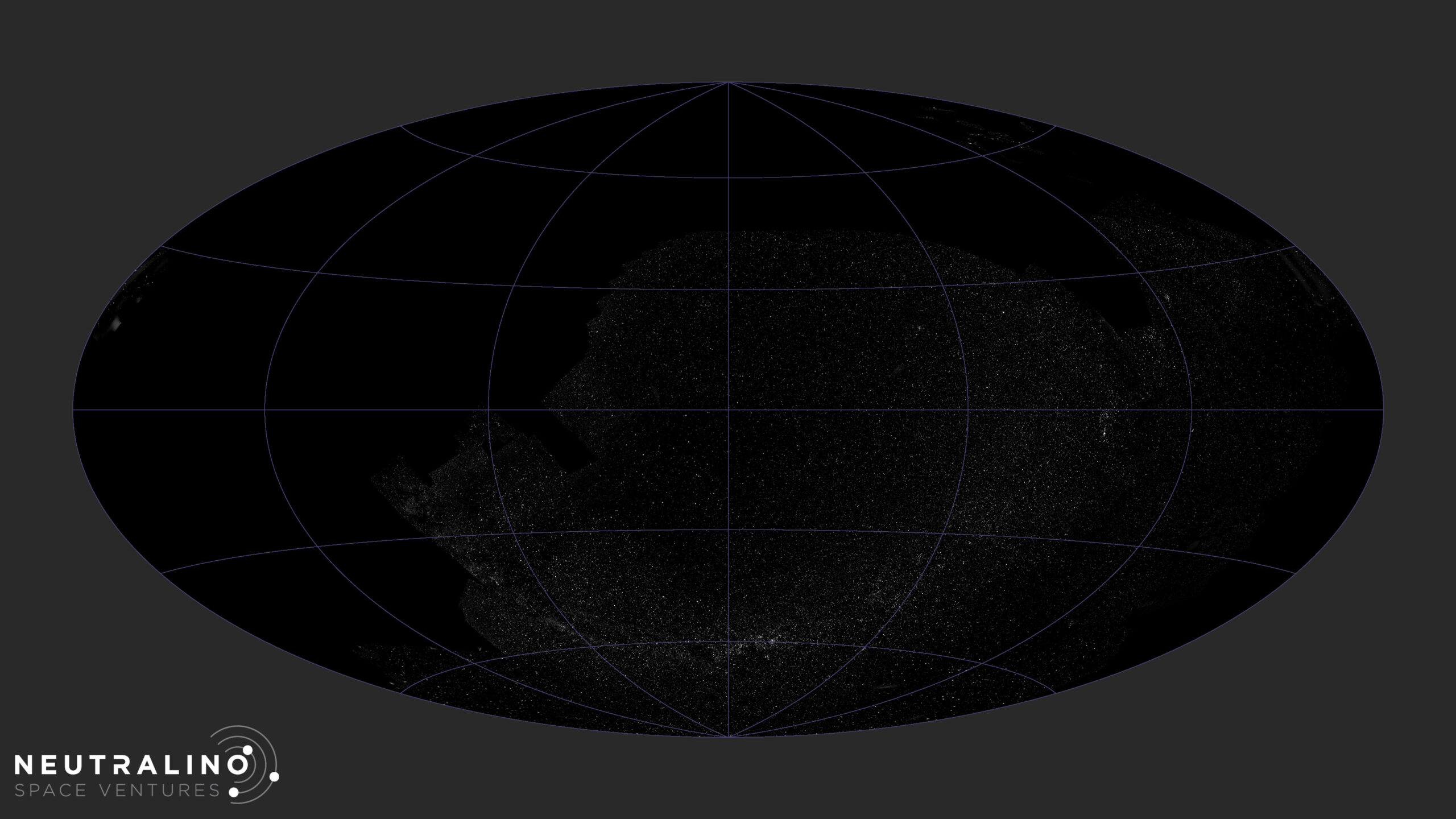All sky projection with black and white stars over much of the sky, including a U-shaped sweep of the Milky Way across the lower center.
