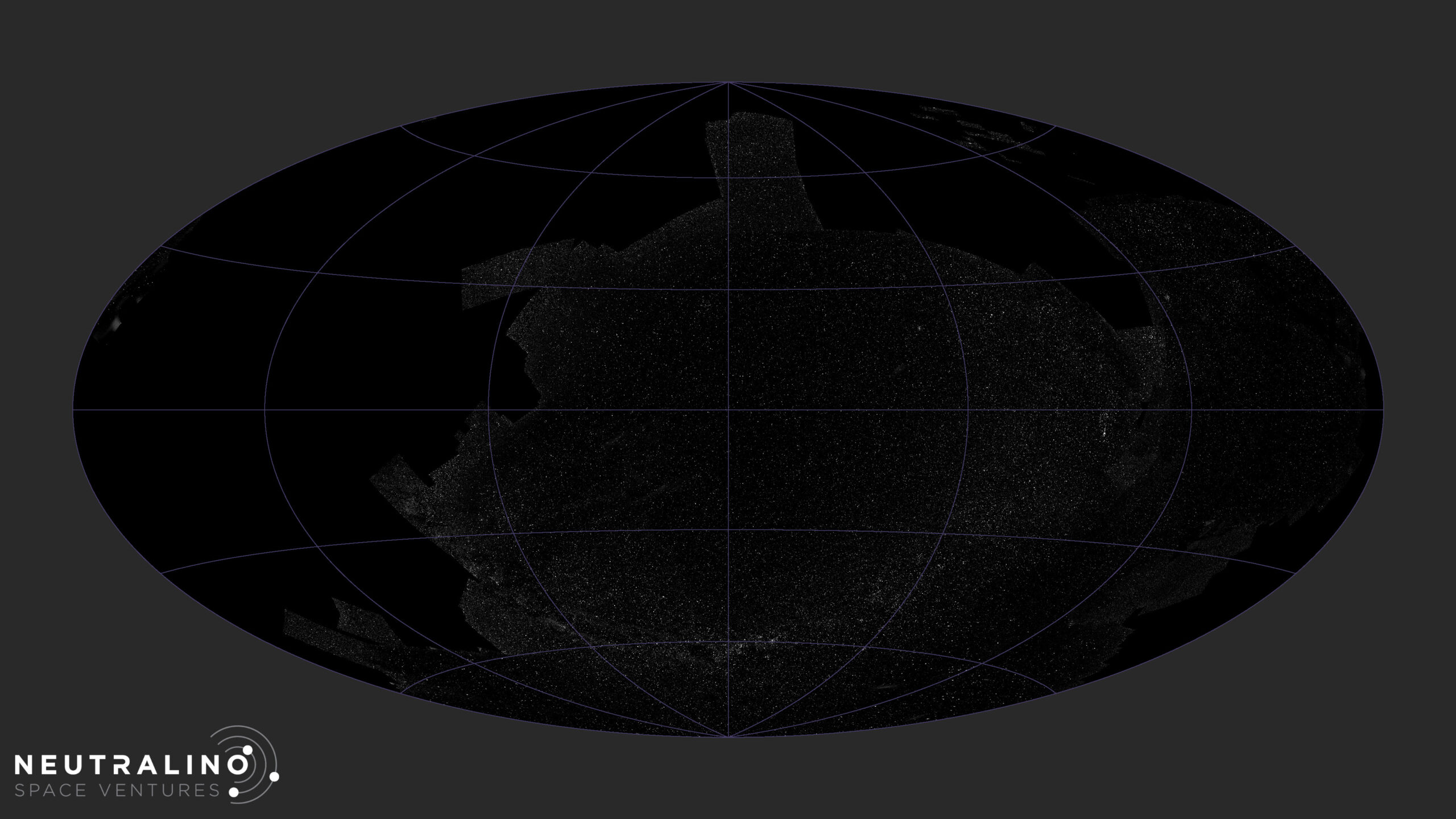 All sky projection with black and white stars over much of the sky, including a U-shaped sweep of the Milky Way across the lower center.