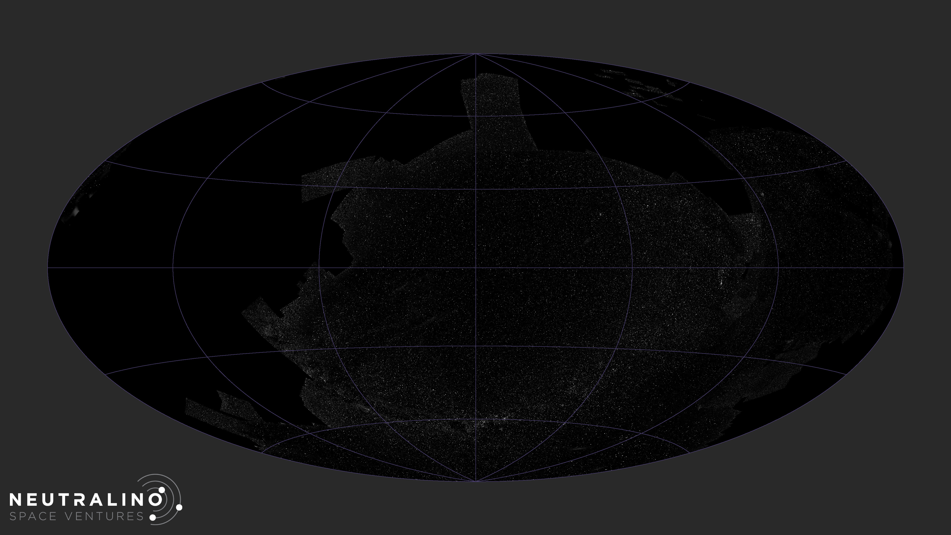 All sky projection with black and white stars over much of the sky, including a U-shaped sweep of the Milky Way across the lower center.