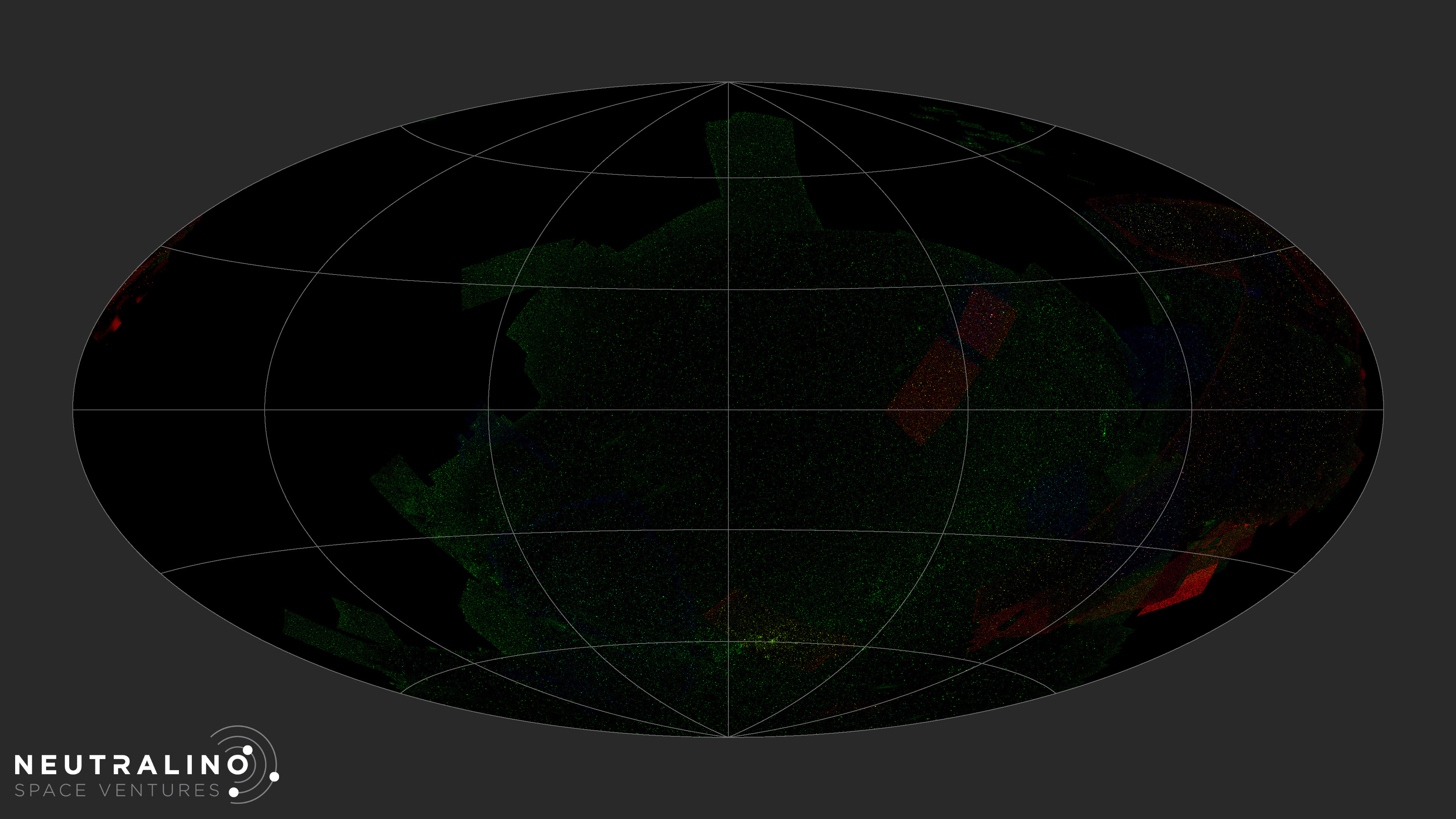 All sky projection with RGB stars over much of the sky, including a U-shaped sweep of the Milky Way across the lower center.