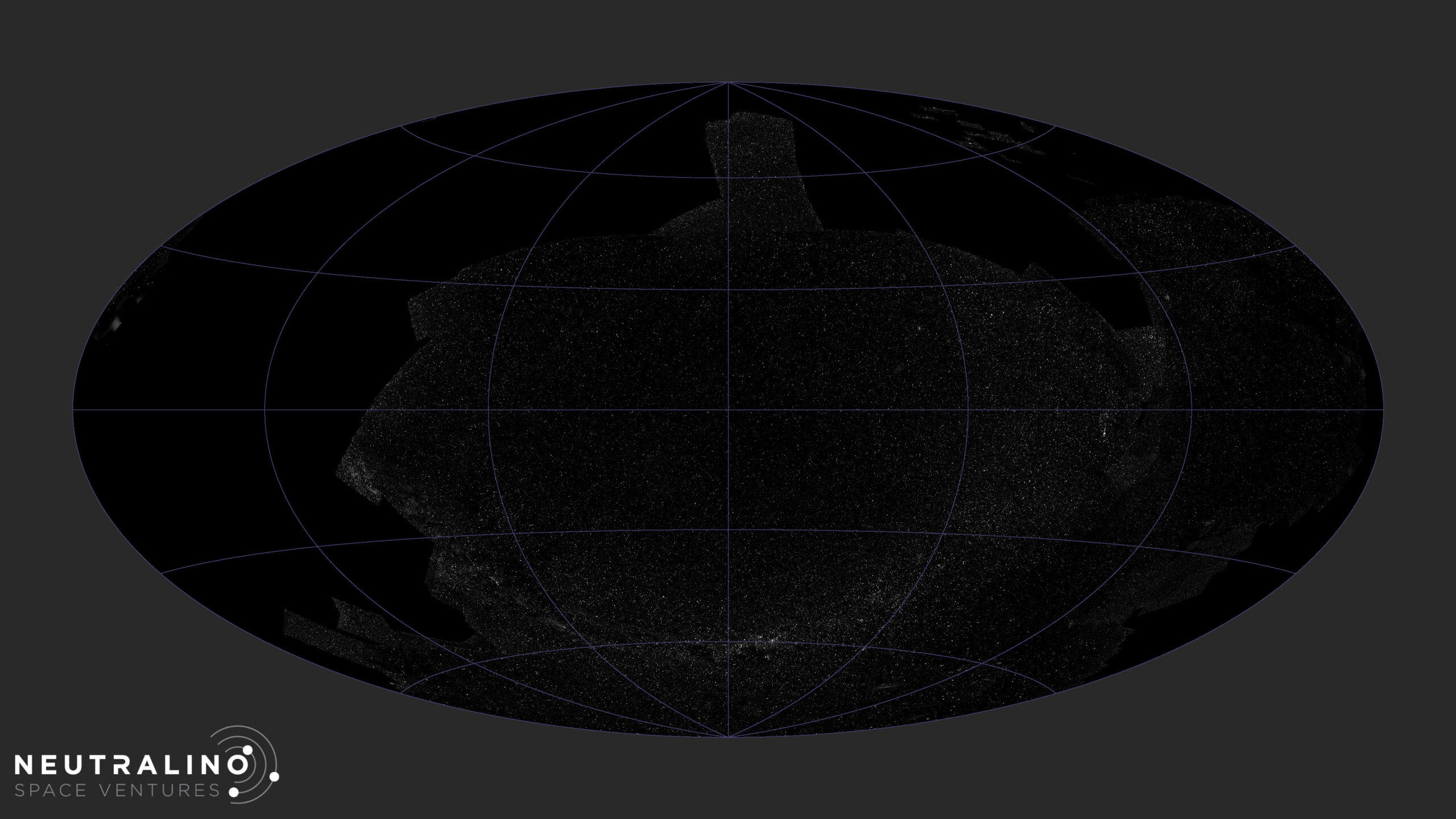 All sky projection with black and white stars over much of the sky, including a U-shaped sweep of the Milky Way across the lower center.
