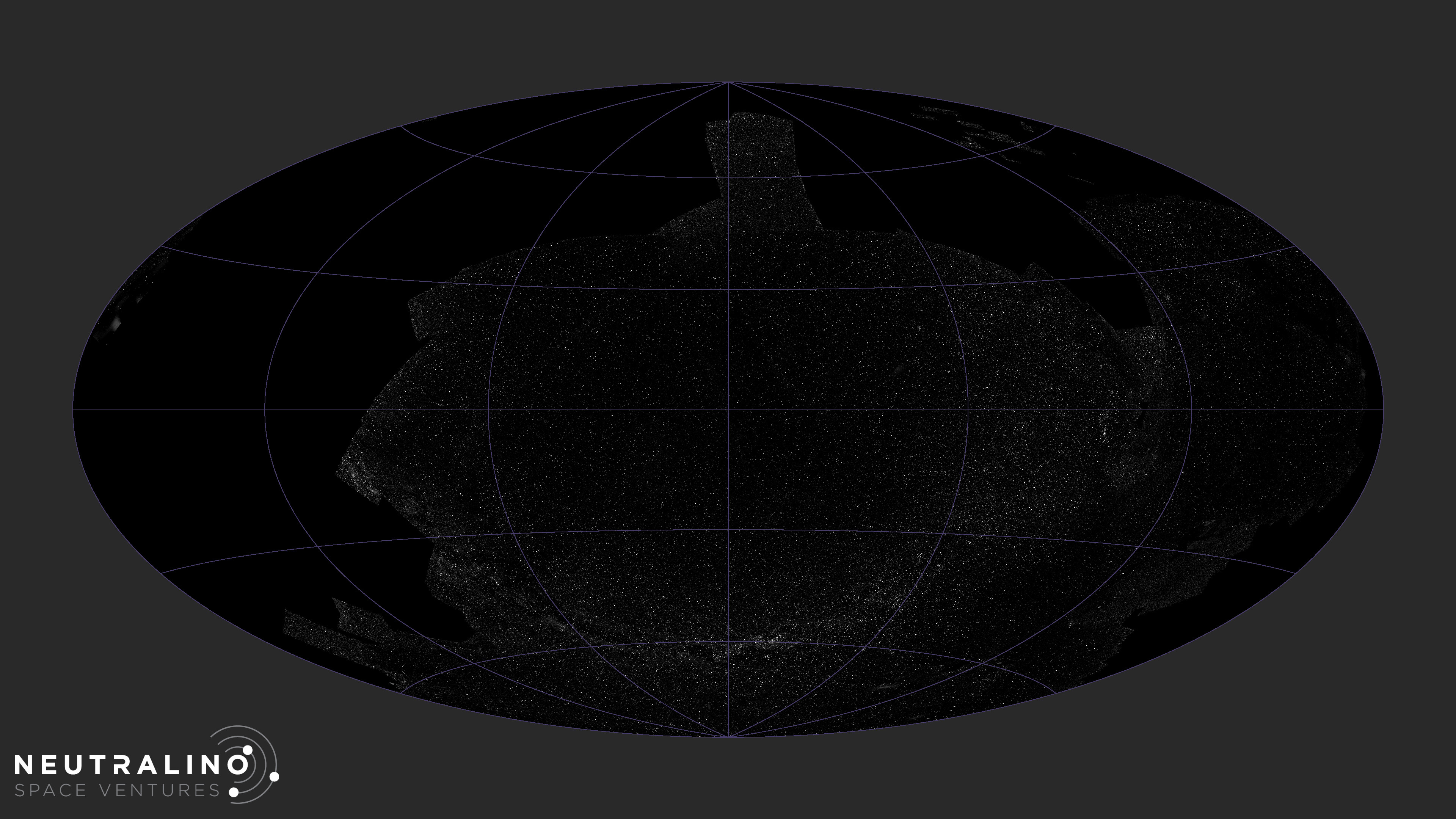 All sky projection with black and white stars over much of the sky, including a U-shaped sweep of the Milky Way across the lower center.