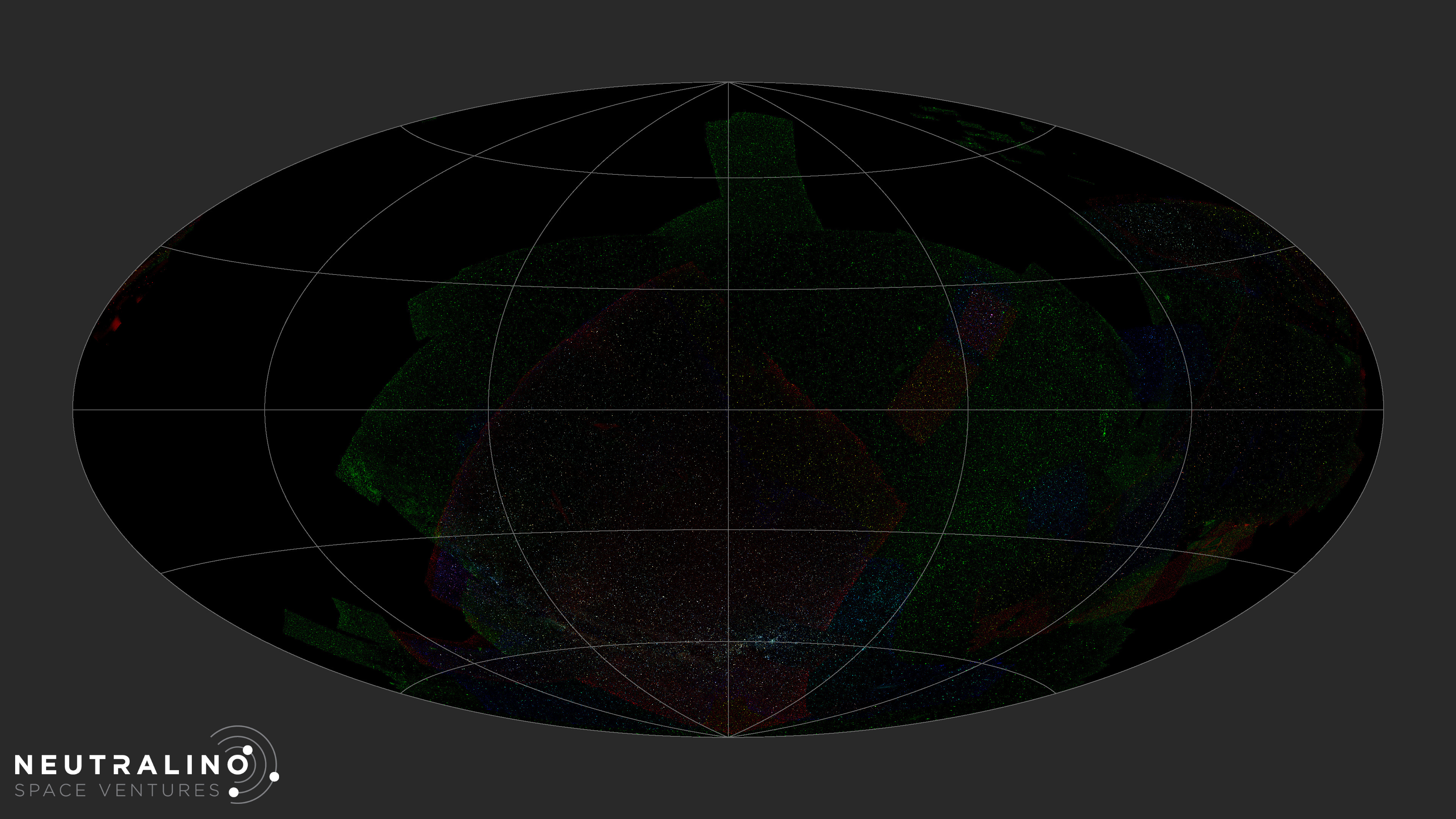 All sky projection with RGB stars over much of the sky, including a U-shaped sweep of the Milky Way across the lower center.