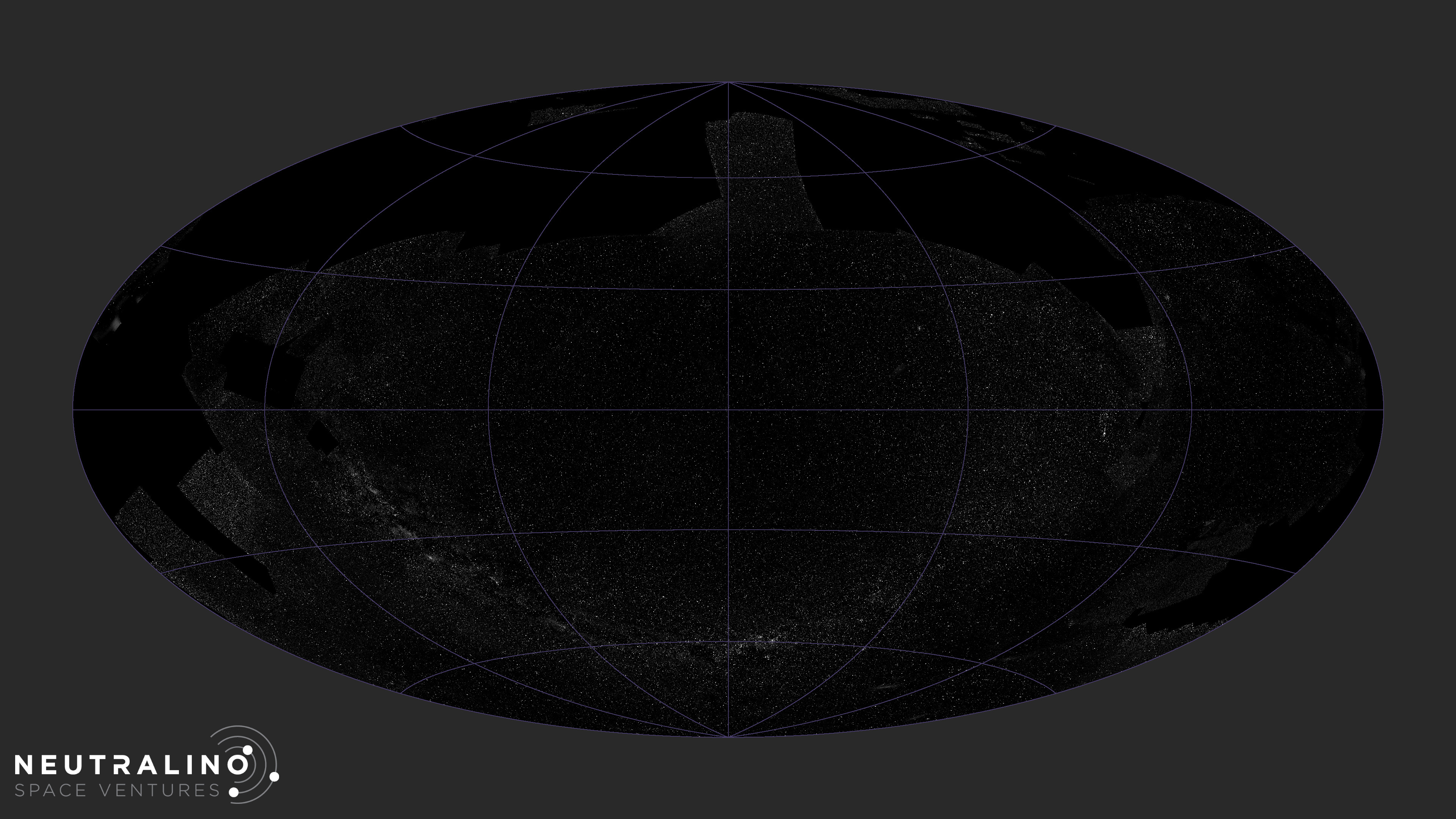 All sky projection with black and white stars over much of the sky, including a U-shaped sweep of the Milky Way across the lower center.