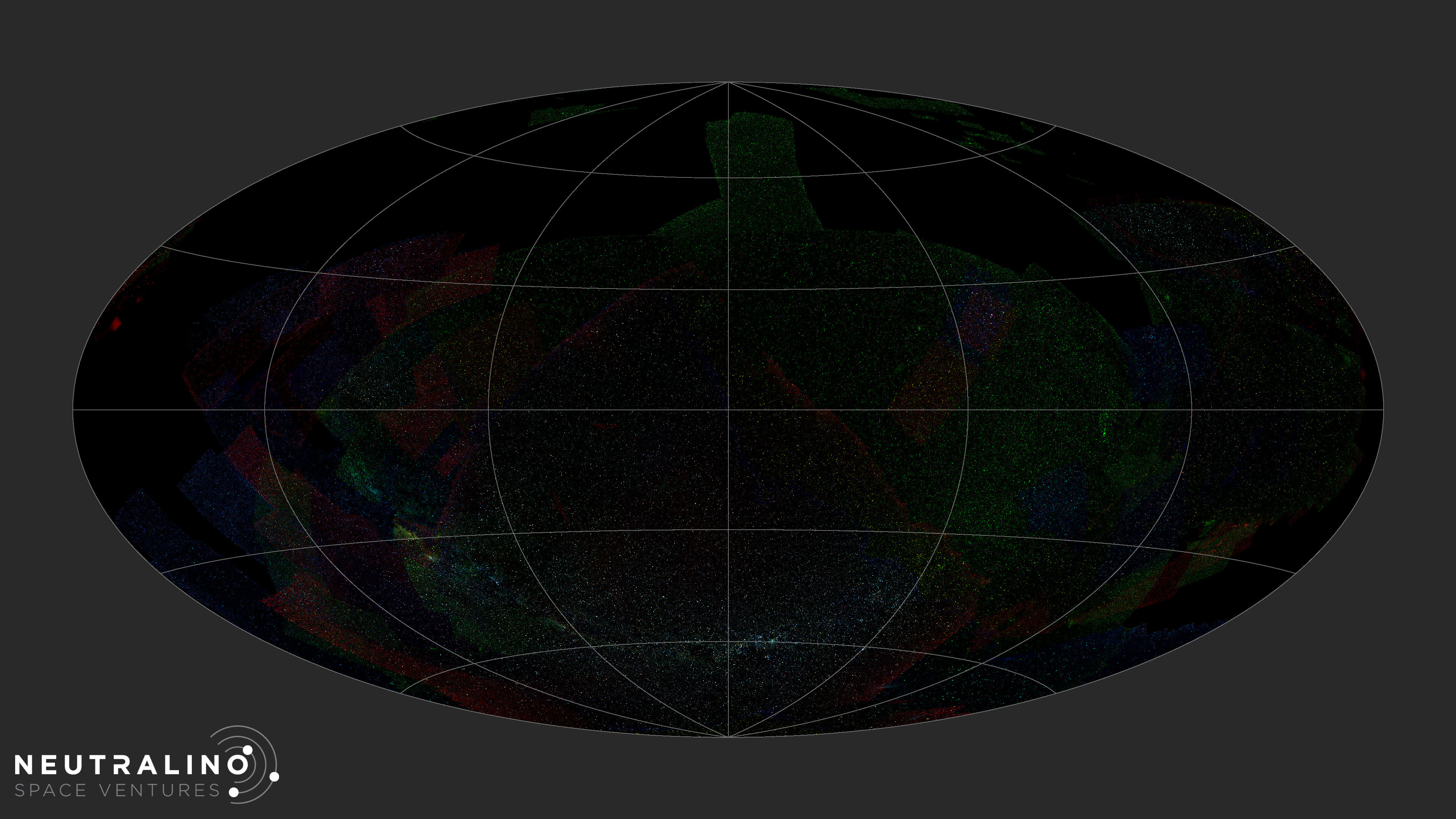All sky projection with RGB stars over much of the sky, including a U-shaped sweep of the Milky Way across the lower center.