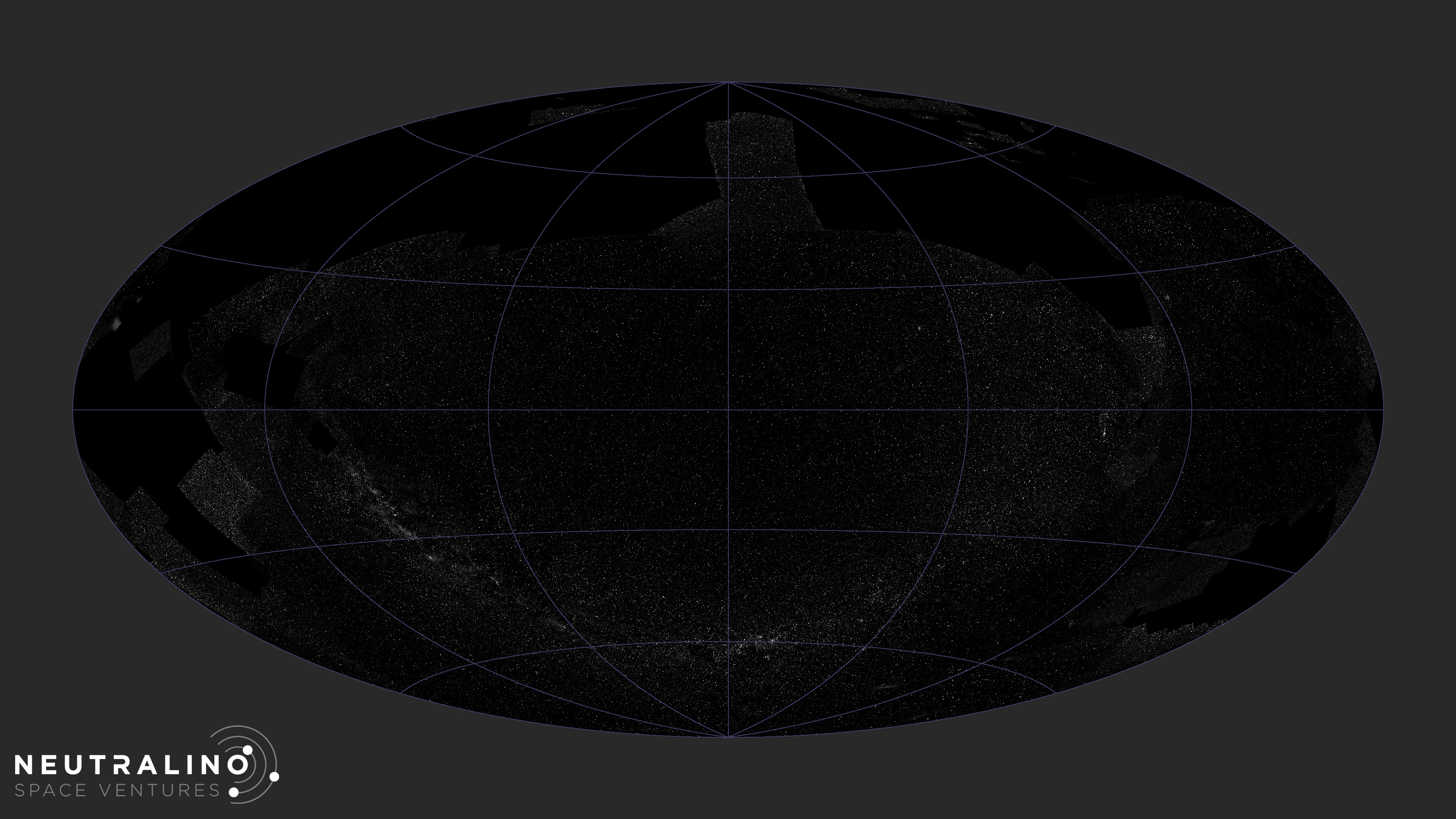 All sky projection with black and white stars over much of the sky, including a U-shaped sweep of the Milky Way across the lower center.