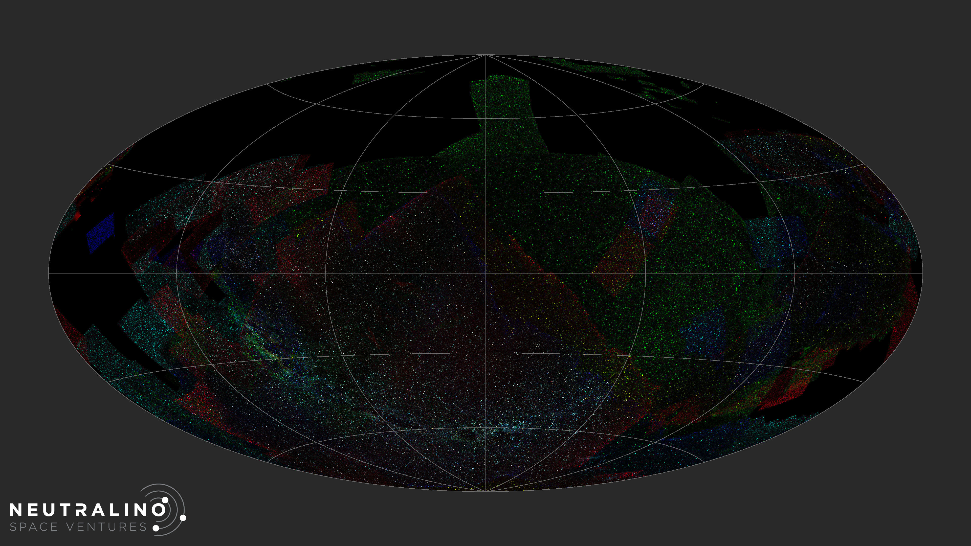 All sky projection with RGB stars over much of the sky, including a U-shaped sweep of the Milky Way across the lower center.